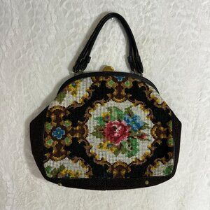 Vintage Garay Made In USA Carpet Satchel Handbag Dual Handles & Brass Accents